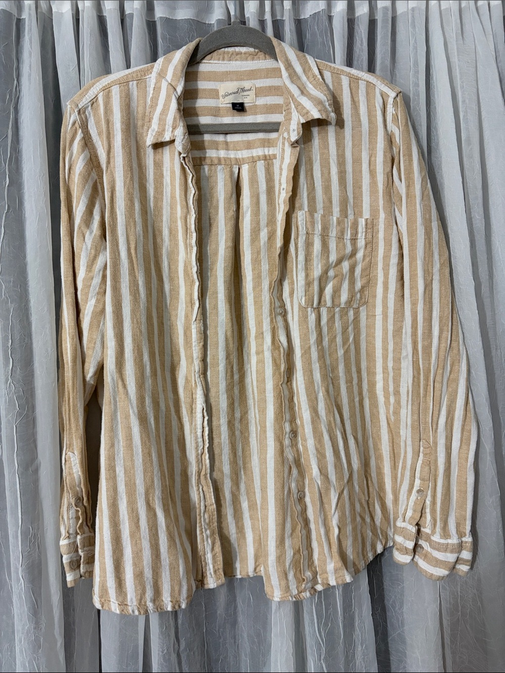 Women’s Tan & White Striped Casual Button-Down Shirt